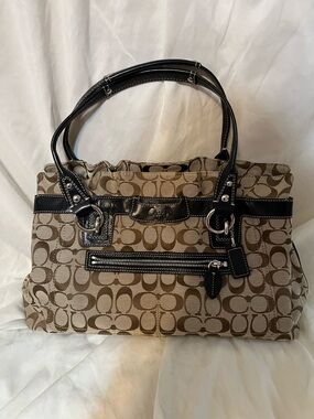 Coach Signature Canvas Tote in Khaki and Black Trim